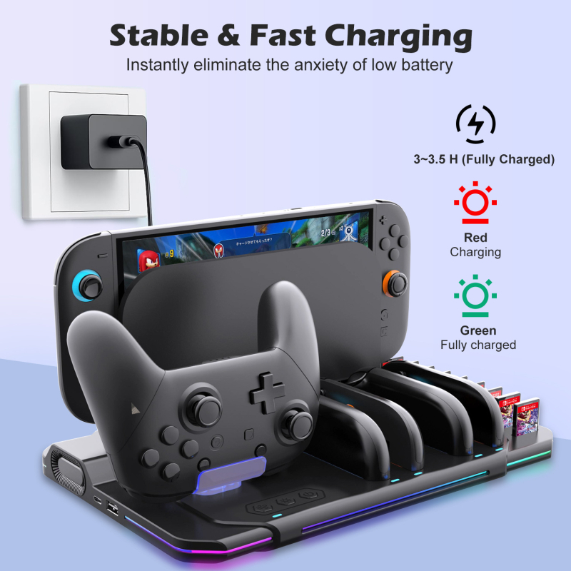 Switch2 stanica za punjenje Joy-Con, četiri utora, USB-C, ABS kućište, šareni LED-ovi i hlađenje