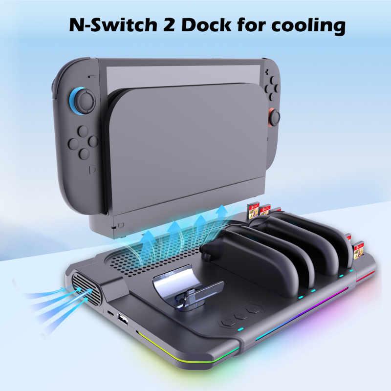 Switch2 stanica za punjenje Joy-Con, četiri utora, USB-C, ABS kućište, šareni LED-ovi i hlađenje