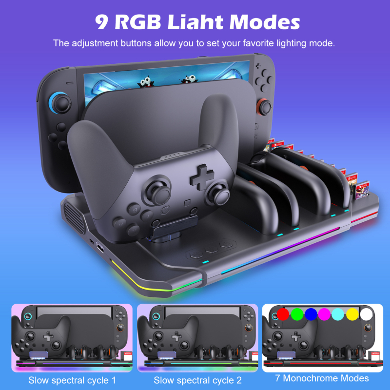 Switch2 stanica za punjenje Joy-Con, četiri utora, USB-C, ABS kućište, šareni LED-ovi i hlađenje
