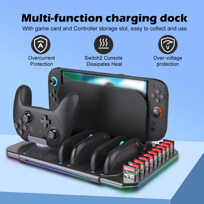 Switch2 stanica za punjenje Joy-Con, četiri utora, USB-C, ABS kućište, šareni LED-ovi i hlađenje