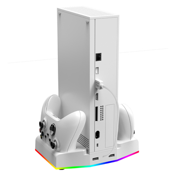 Stalak za hlađenje Xbox Series S – višenamjenski dok s punjačem za kontroler i kukom za slušalice, ABS materijal, OEM; Uključuje 1x kukicu za slušalice, 1x punjač, 2x baterije