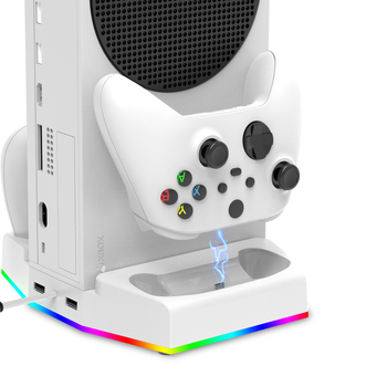Stalak za hlađenje Xbox Series S – višenamjenski dok s punjačem za kontroler i kukom za slušalice, ABS materijal, OEM; Uključuje 1x kukicu za slušalice, 1x punjač, 2x baterije