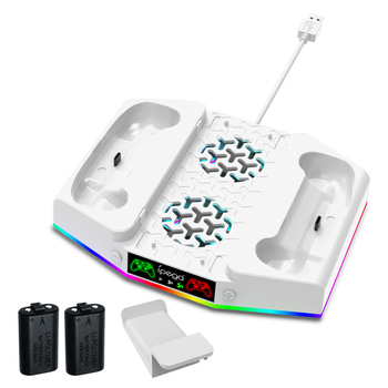 Stalak za hlađenje Xbox Series S – višenamjenski dok s punjačem za kontroler i kukom za slušalice, ABS materijal, OEM; Uključuje 1x kukicu za slušalice, 1x punjač, 2x baterije