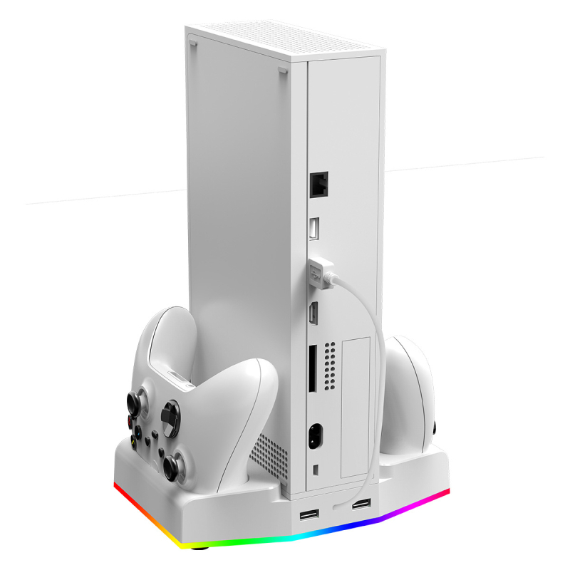Stalak za hlađenje Xbox Series S – višenamjenski dok s punjačem za kontroler i kukom za slušalice, ABS materijal, OEM; Uključuje 1x kukicu za slušalice, 1x punjač, 2x baterije