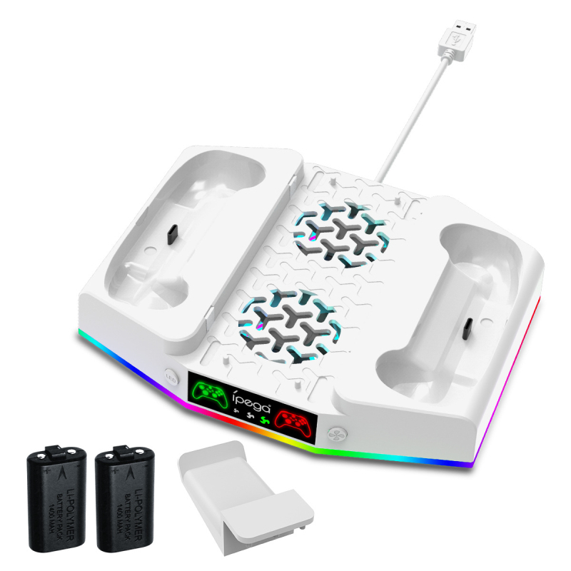 Stalak za hlađenje Xbox Series S – višenamjenski dok s punjačem za kontroler i kukom za slušalice, ABS materijal, OEM; Uključuje 1x kukicu za slušalice, 1x punjač, 2x baterije