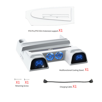 Višefunkcionalna stanica za hlađenje PS5, PS5 Slim i PS5 Pro s plavim LED-om, stanica za punjenje P5 kontrolera i prostor za diskove