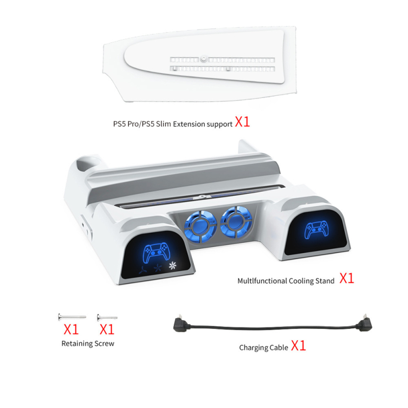 Višefunkcionalna stanica za hlađenje PS5, PS5 Slim i PS5 Pro s plavim LED-om, stanica za punjenje P5 kontrolera i prostor za diskove