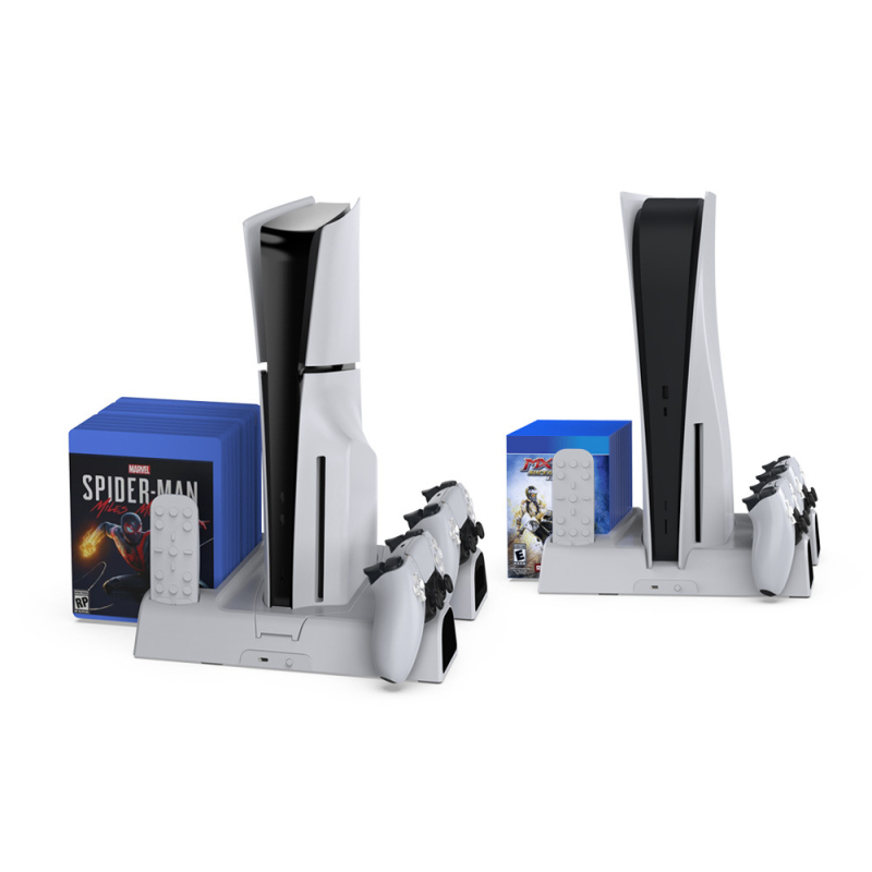 Višefunkcionalna stanica za hlađenje PS5, PS5 Slim i PS5 Pro s plavim LED-om, stanica za punjenje P5 kontrolera i prostor za diskove