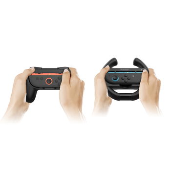 Switch2 trkački volan s držačima – 4-u-1 set (2 volana + 2 držača), ABS, dimenzije 33.4 × 7.3 × 14.3 cm