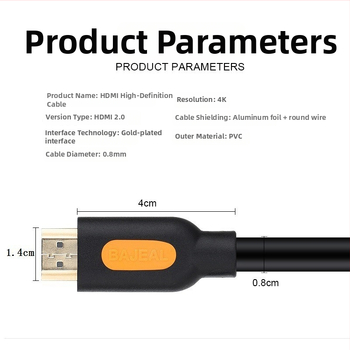 HDMI kabelis 4K Ultra HD, 3D dati, zeltīts pārklājums, bezskābes vara, adaptera kabelis