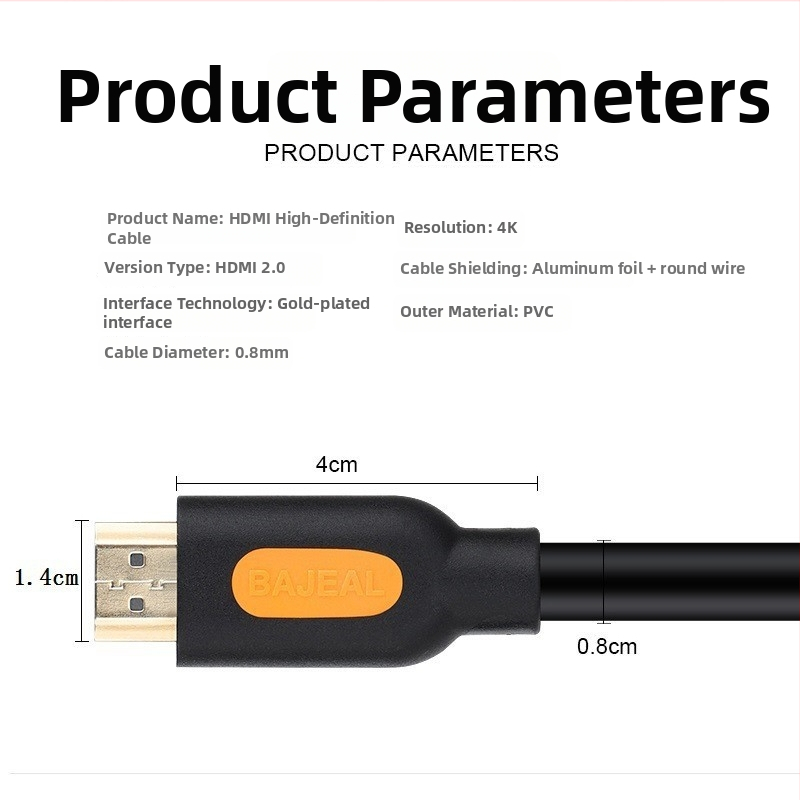 HDMI kabelis 4K Ultra HD, 3D dati, zeltīts pārklājums, bezskābes vara, adaptera kabelis