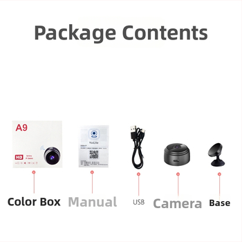 A9 Juhtmevaba kodukontrollikaamera 1080P öise nägemisega, Wi‑Fi, videoregistratsioon ja fotod