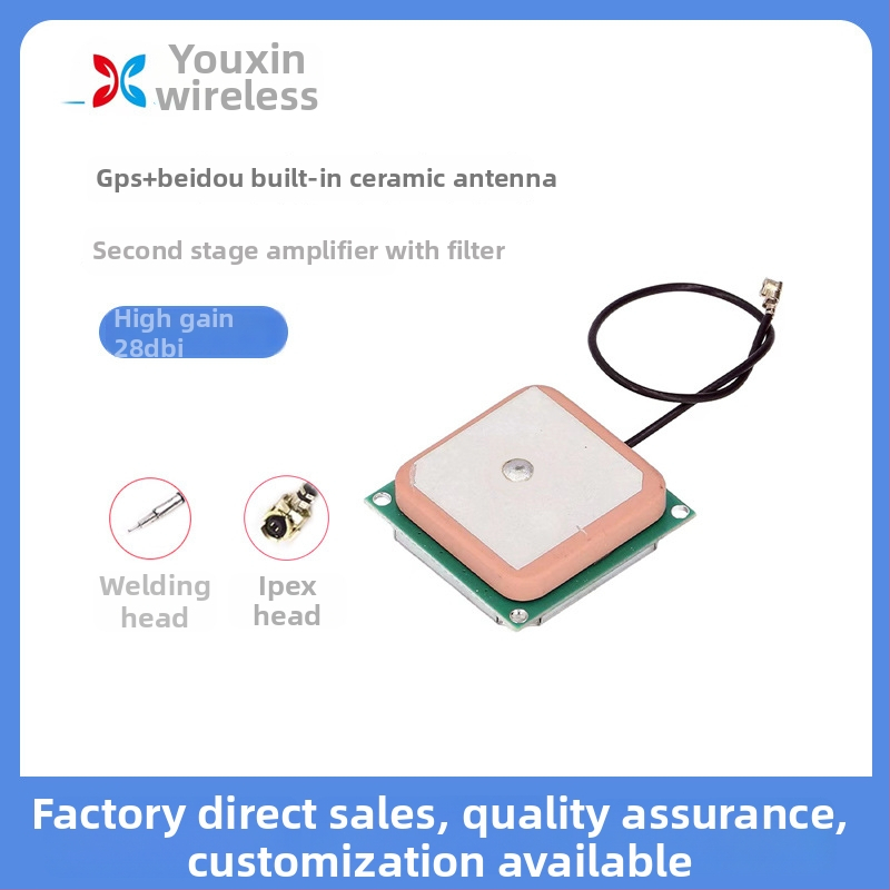 YX-GPS + BD keramická anténa – GPS BeiDou dvojmodulová aktívna anténa s vloženou keramickou anténou, zisk 28 dB, 1575 MHz, 50 Ω, SWR ≤ 1.5, 3–5 V