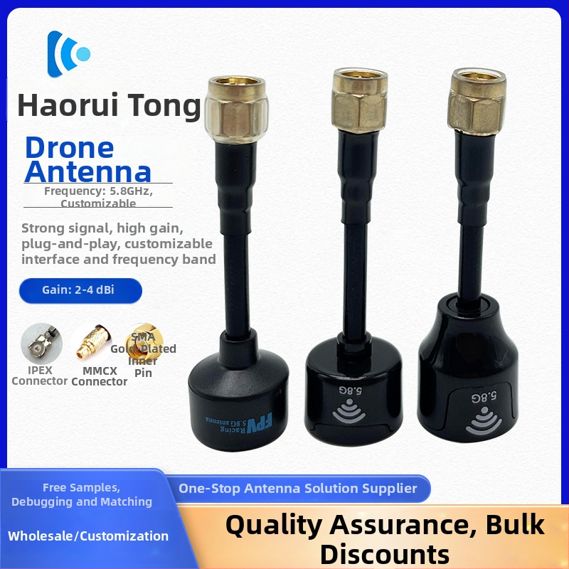 FPV antena za dronove, visok dobitak 2–4 dBi, višepojasmna 1.2/2.4/5.8 GHz, impedancija 50 Ω, SWR ≤ 2.0, duljina kabela po mjeri