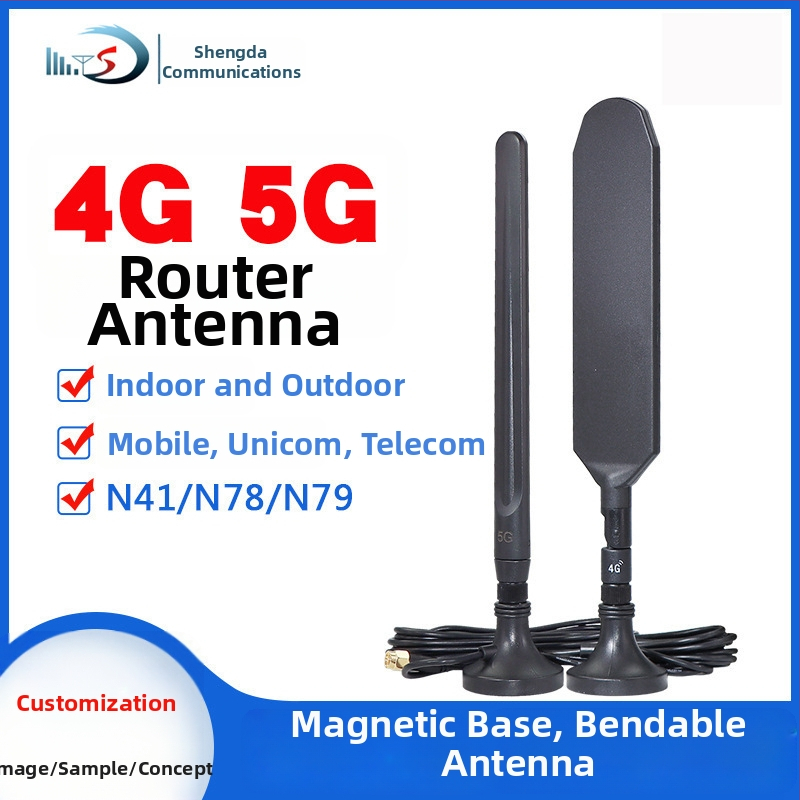 SMA antena s jakim magnetskim držačem, PCB, gumom i vanjskim produžnim kabelom, za usmjerivače i digitalne uređaje; raspon frekvencija 698–2700 MHz, dobitak 5–8 dBi, impedancija 50 Ω, SWR ≤1,5