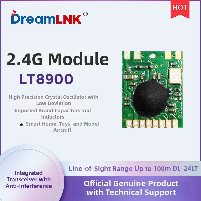 DreamLnk LT8900 2,4 GHz bezvadu transceiver modulis attālinātai vadībai – modulācijas: GFSK/2-FSK/OOK; atbalsta pielāgotu protokolu