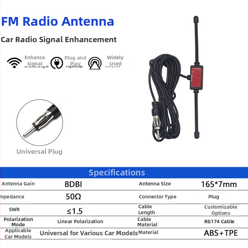 Automobilová FM anténa pre prijímač s dizajnom rohu-patch, zisk 8 dBi, rozsah 80–108 MHz, impedancia 50 Ω, SWR ≤1.5
