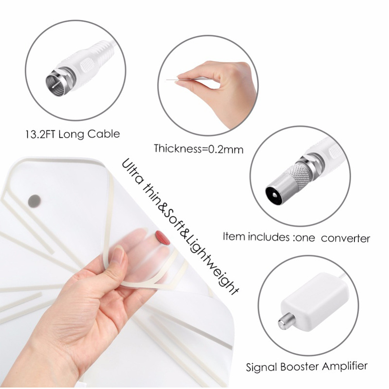 Antena internă pentru TV digital 4K HD cu amplificator, câștig 28 dBi, bandă 170–240/470–862 MHz, impedanță 75 Ω, SWR ≤ 2, tensiune de funcționare 5 V