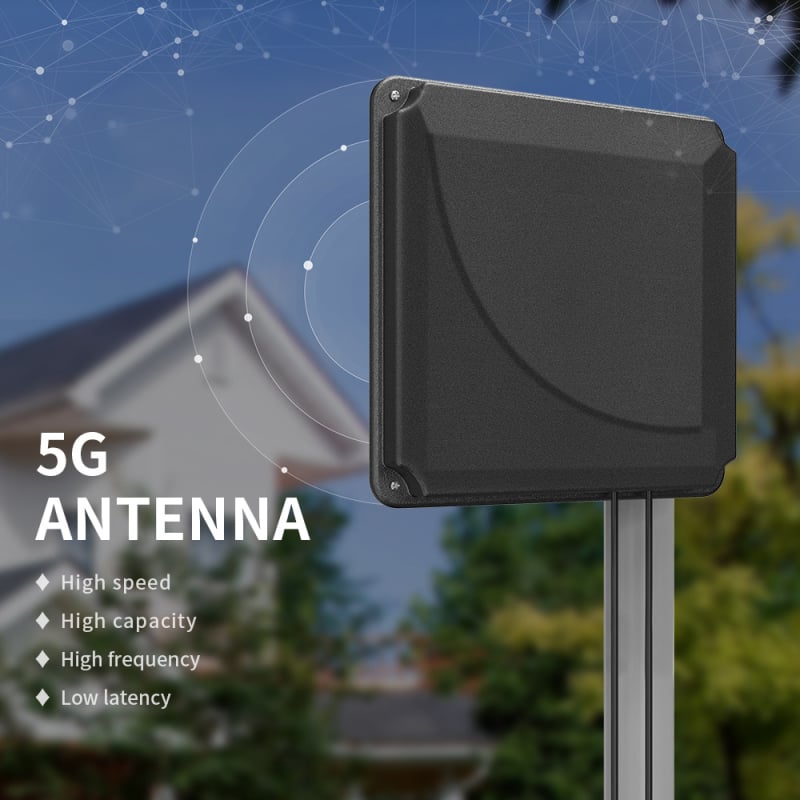 4G/5G επίπεδη κεραία πανέλ για εσωτερική και εξωτερική χρήση, κατευθυνόμενη κεραία WiFi δρομολογητή; Κέρδος 2–12 dBi; Εύρος συχνοτήτων 600–2700 MHz; Αντίσταση 50 Ω; SWR ≤ 2; Τροφοδοσία 5 V
