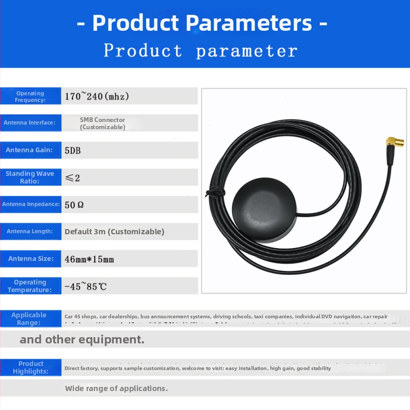 Automobilová FM anténa s vysokým ziskom, model xhy-w120, 5 dB, rozsah 170–240 MHz, impedancia 50 Ω, SWR ≤ 2, prevádzkové napätie 5 V