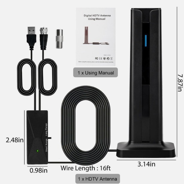 4K TV antena - vidaus, didelis signalo stiprinimas, DVB-T/ATSC/ISDB-T, diapazonas iki 120 mylių