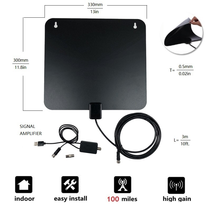 Antena TV internă, ATSC/DVB-T2 compatibilă, 30 dB câștig; interval de frecvențe 170–862 MHz; impedanță 75 Ω; SWR ≤ 2