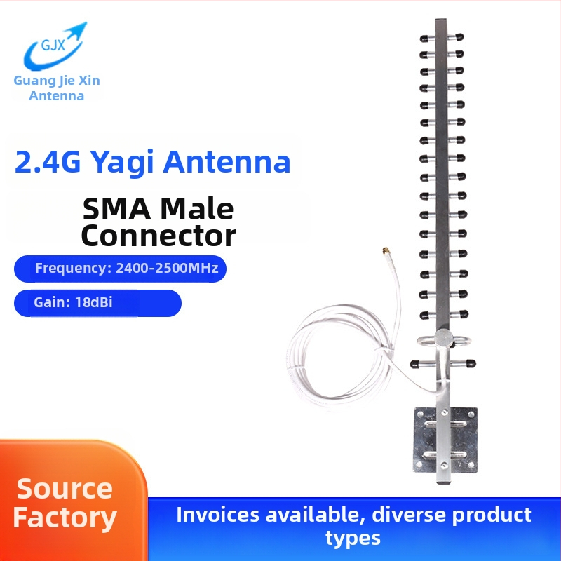 18-prvková Yagi anténa, smerová, zisk 20 dBi, 2400–2500 MHz, 50 Ω, SWR ≤ 1.5