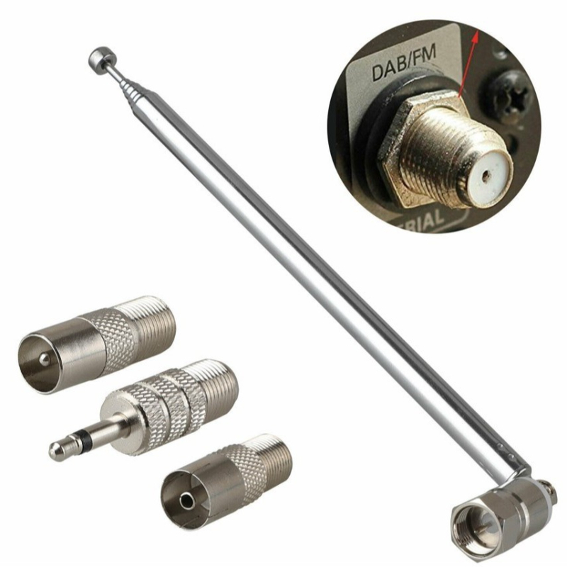 7123f Radio antena ar stieni, F savienotājs, 3,5 mm TV savienotājs un TV sieviešu savienotājs, trīsdaļīgs adapters