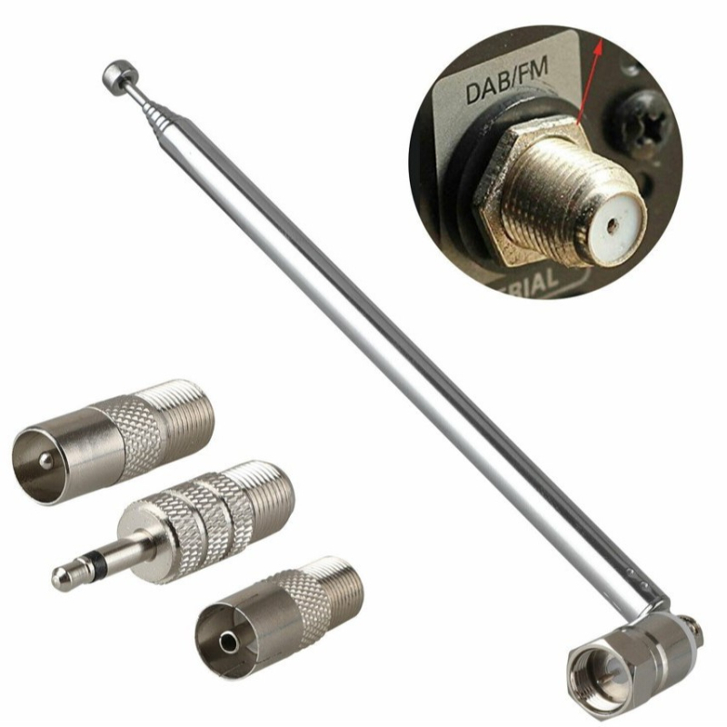 7123f Radio antena ar stieni, F savienotājs, 3,5 mm TV savienotājs un TV sieviešu savienotājs, trīsdaļīgs adapters