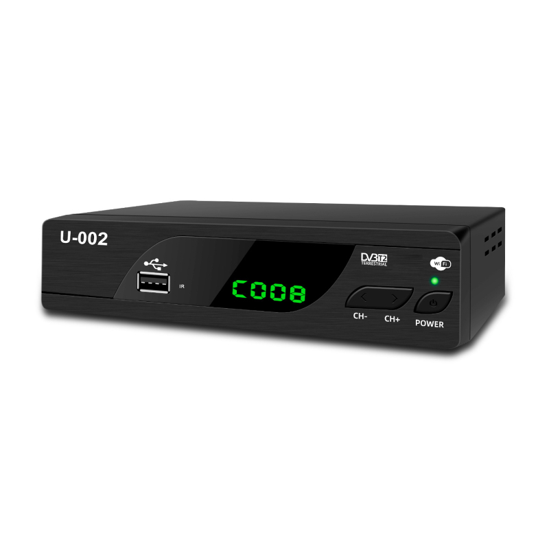 DVB-T2 HD digitālais set-top box ar četrkodolu procesoru, 512MB RAM, 1920x1080 izšķirtspēja, USB/HDMI/Wi‑Fi/AV interfeisi