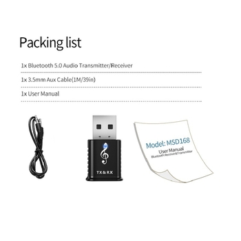 MSD168 USB Bluetooth odašiljač-prijemnik 5.0 s 3.5mm AUX, Plug‑and‑Play, bez vanjskog napajanja, doseg 10 m