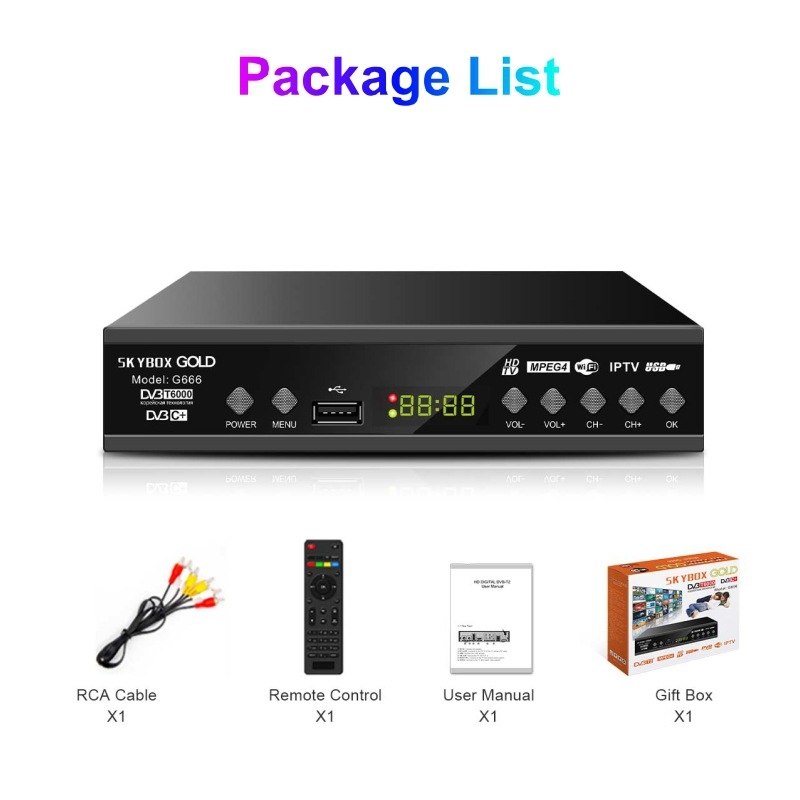 DVB-T2/C Set-Top Box SK YBOX GOLD, 1080p izšķirtspēja, USB/HDMI/AV/TV interfeisi, GX6705/MT2200 čipset, ECOS operētājsistēma