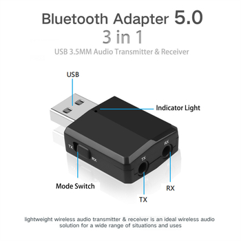 Három az egyben USB Bluetooth 5.0 audió adapter (vevő és adó) — USB + 3,5 mm, Plug‑and‑Play, 10 Mbps, 20 m hatótáv