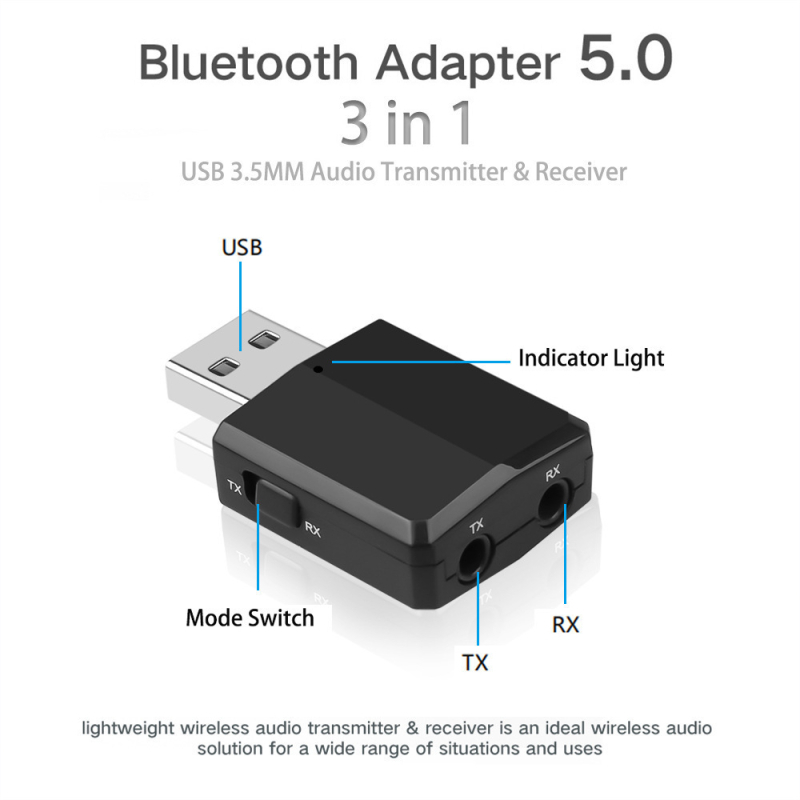 Három az egyben USB Bluetooth 5.0 audió adapter (vevő és adó) — USB + 3,5 mm, Plug‑and‑Play, 10 Mbps, 20 m hatótáv