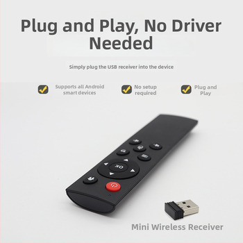 2.4G bezvadu attālinātais vadības ierīce ar USB interfeisu set-top kastēm, datoriem, projektoriem un Android ierīcēm — darbības diapazons 15–20 m; USB uztvērējs iekļauts; modelis X1201-126