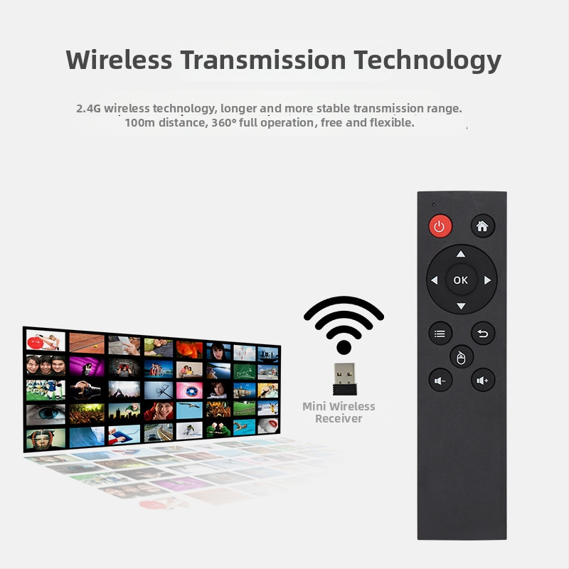 2.4G bezvadu attālinātais vadības ierīce ar USB interfeisu set-top kastēm, datoriem, projektoriem un Android ierīcēm — darbības diapazons 15–20 m; USB uztvērējs iekļauts; modelis X1201-126