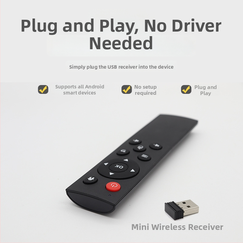 2.4G bezvadu attālinātais vadības ierīce ar USB interfeisu set-top kastēm, datoriem, projektoriem un Android ierīcēm — darbības diapazons 15–20 m; USB uztvērējs iekļauts; modelis X1201-126