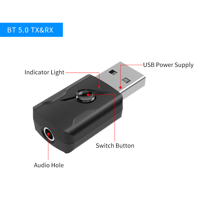 USB Bluetooth adó kettős kimenettel autóhoz/PC-hez/TV-hez — Bluetooth 5.0, Plug-and-Play, USB interfész, külső tápellátás nélkül, 2.4 GHz