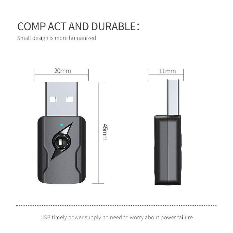 USB Bluetooth adó kettős kimenettel autóhoz/PC-hez/TV-hez — Bluetooth 5.0, Plug-and-Play, USB interfész, külső tápellátás nélkül, 2.4 GHz