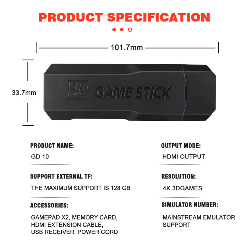 GD10-X2 Nostalģiska spēļu konsole, atvērta koda sistēma, 64GB/128GB atmiņa, TV saderība, bezvadu savienojums, AV saskarne