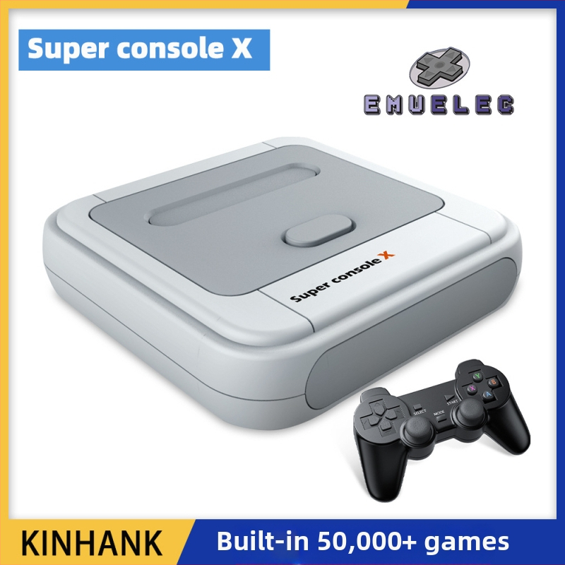 Retro televīzijas spēļu konsole Super Console X ar diviem bezvadu kontrolieriem, Emuelec OS, HDMI interfeiss, plastmasas korpuss