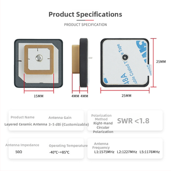 Bat Wireless GNSS Augstas Precizitātes Pozicionēšanas Antena L1/L2/L5, Pasīvā, Iebūvētā, Augsts Signāla Ieguvums, Keramikas GPS Antena