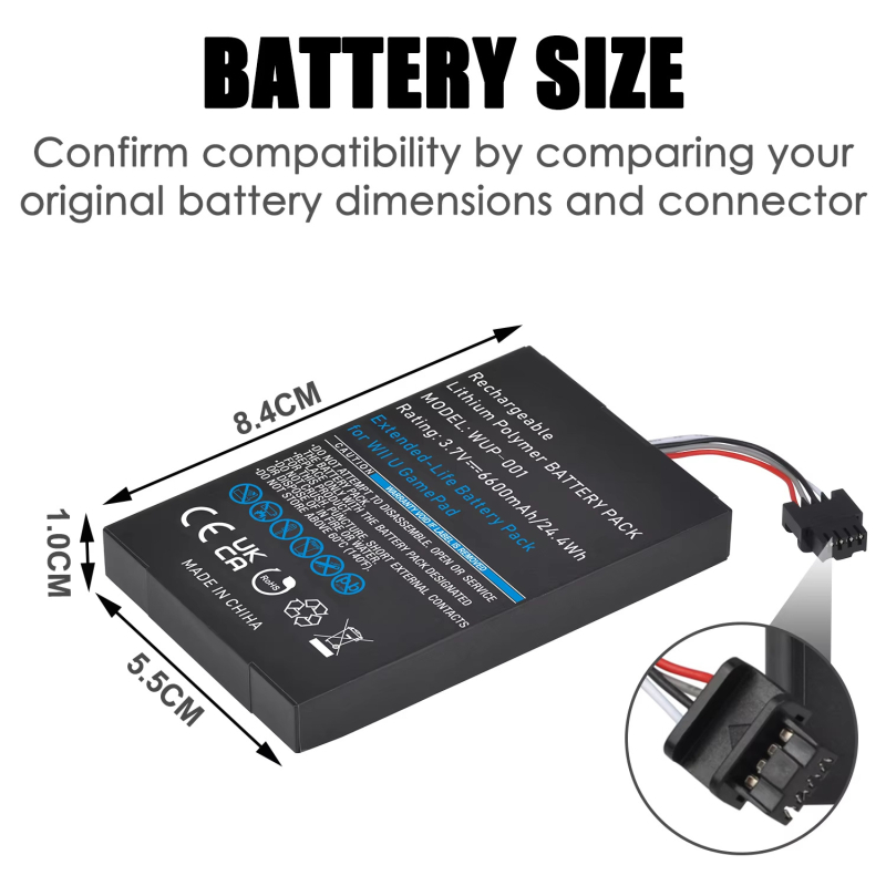 Baterija za Wii U kontroler WUP-010, Li-ion 6000mAh, Plug-in, Durapro