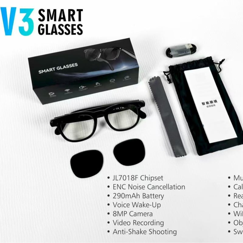 Ochelari inteligenți cu traducere AI, cameră 8MP și înregistrare 1200p, 16GB memorie internă, apeluri Bluetooth, lentile duale (traducere AI; cameră 8MP + 1200p; 16GB memorie; apeluri Bluetooth; lentile duale)