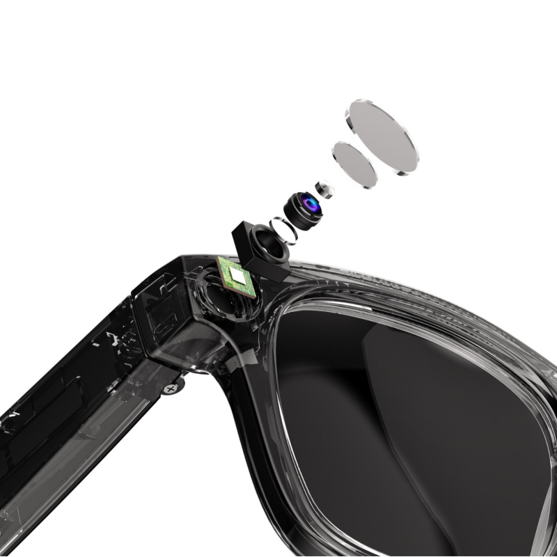 E03 AI szemüveg: 8MP kamera, tárgyfelismerés, felvétel és Bluetooth zene; 32GB tárhely, 4GB RAM, fejre szerelhető kivitel.