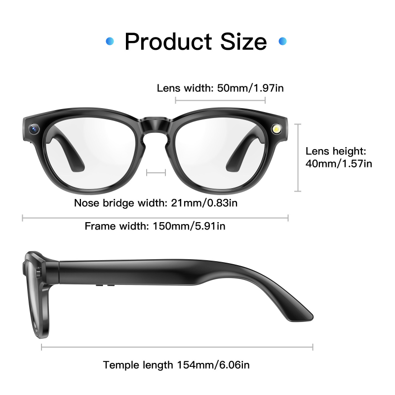 Mate2 viedās brilles ar 2 MP kameru, 260 mAh akumulatoru, pieskāriena vadība, bezvadu diapazons 5–10 m, 512 MB RAM