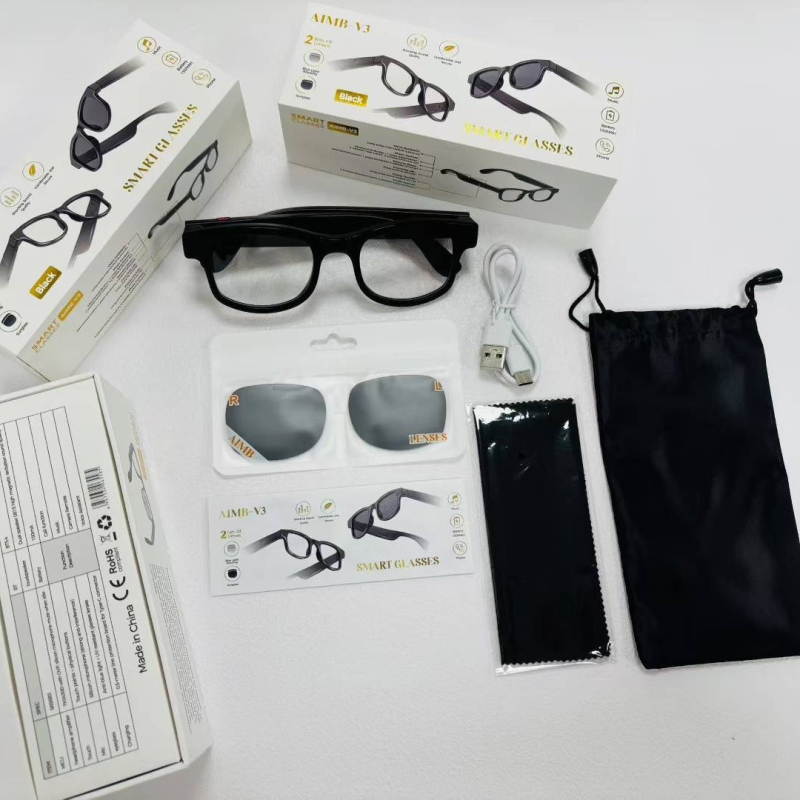 AiMB-V3 Gudrās brilles ar pret zilā gaismas aizsardzību, Bluetooth zvani, AI balss palīgs, maināmas saulesbrilles lēcas