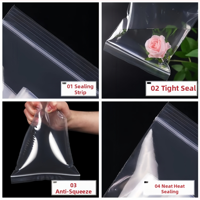 PE savarankiškai užsidarančios skaidrios pakuočių maišeliai papuošalams, maistui ir drabužiams; sandarinimo ilgis 2–100 cm