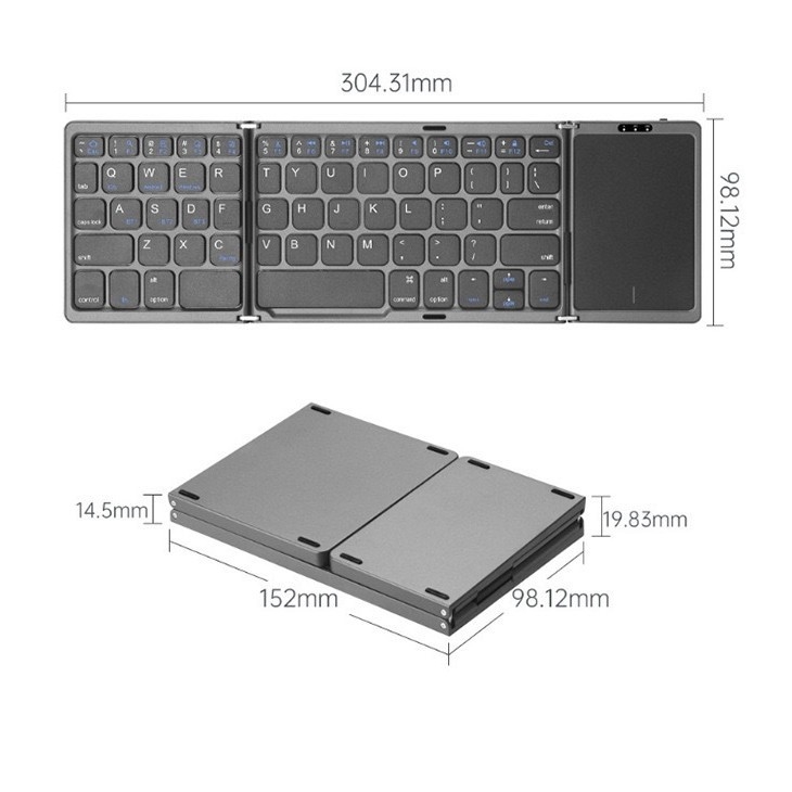 Tastatură Bluetooth wireless pliabilă în trei secțiuni, cu touchpad, compatibilă cu mai multe sisteme, greutate 274 g