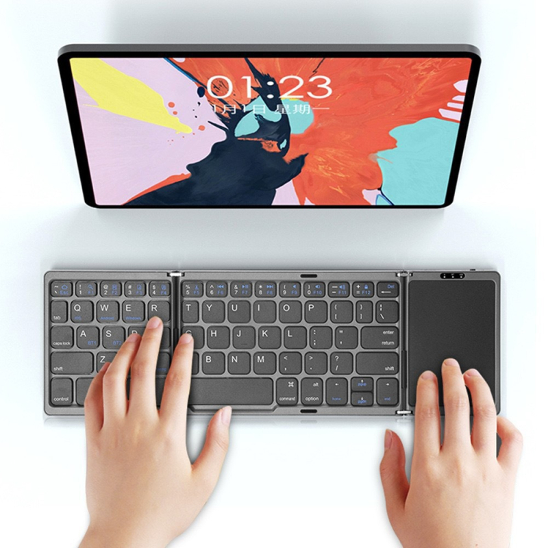 Tastatură Bluetooth wireless pliabilă în trei secțiuni, cu touchpad, compatibilă cu mai multe sisteme, greutate 274 g
